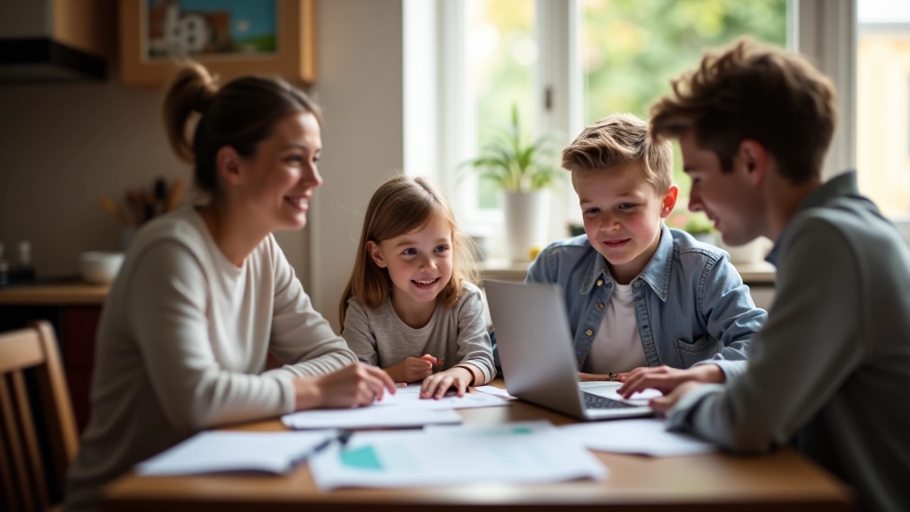 Family of four at dining table reviewing household budget with spreadsheet and financial planning documents