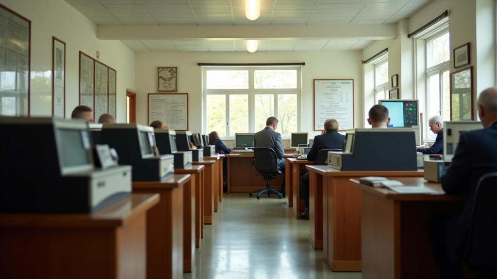 Archive photographs of early 1990s Czech banking offices with vintage computer equipment and furniture