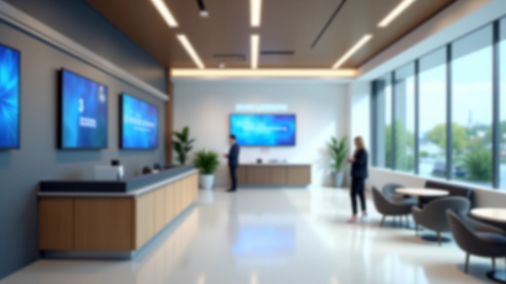 Contemporary banking office interior with modern design and digital displays