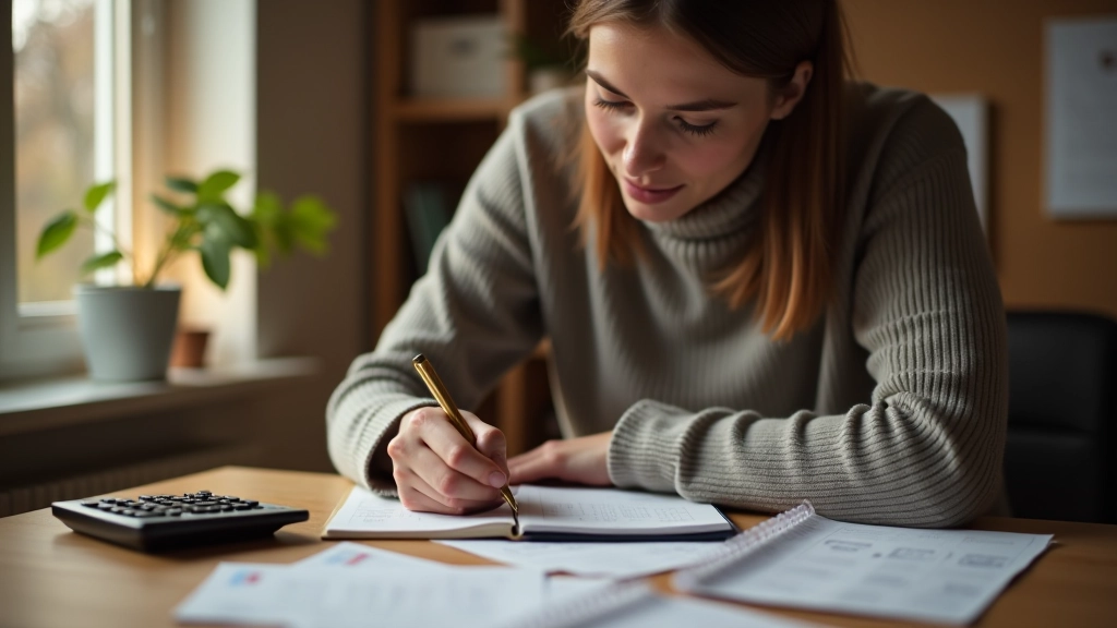 Person writing expense notes in a notebook at a desk with calculator and receipts, tracking household spending